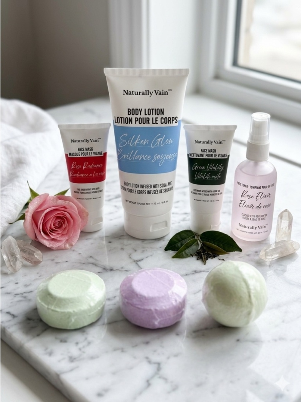 Naturally Vain Skincare Set Silken Glow Lotion Rose Elixir Toner NWOT Bath Lot